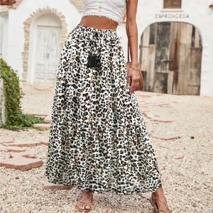 Leopard 100% Viscose Boho Fringe Maxi Skirt Large